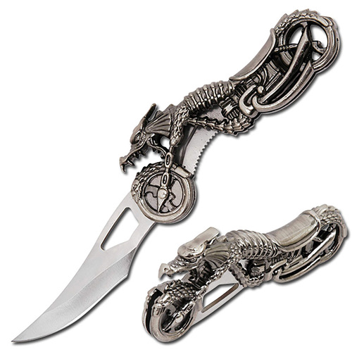 BladesUSA Antique Silver Dragon Biker Knife - K-PK-2539