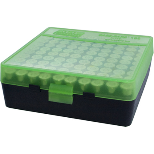 MTM Pistol Ammo Box 100 Round Flip-Top 38 Special 357 Mag - Clear Green/Black P-100-3-16T