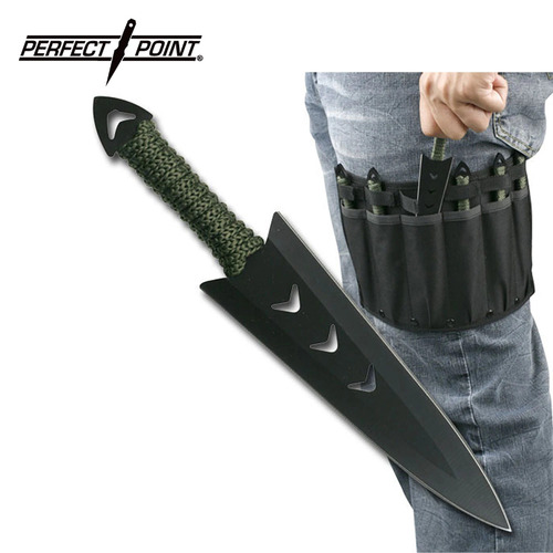 Perfect Point Set of 6 6.5" Green Cord Throwing Knives With Nylon Sheath - RC-040-6