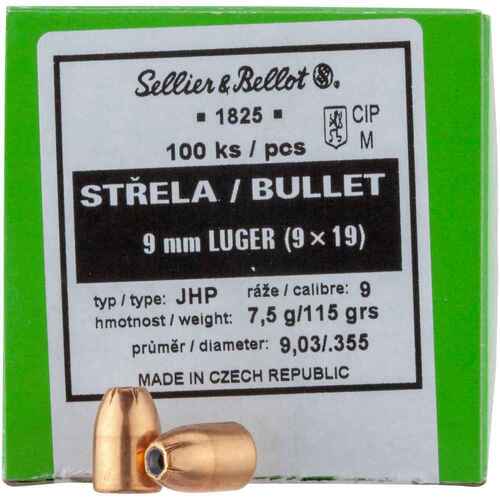 Sellier & Bellot .355 9mm Cal 115 gr Jacketed Hollow Point Projectiles 100 pack - V319422